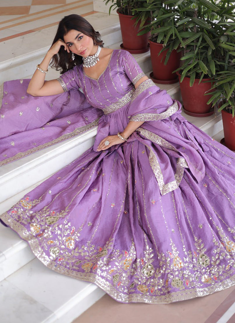 Gold Crush Lavender Festival Wear Sequins Work Readymade Lehenga Choli 388551
