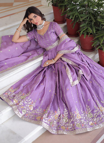 Gold Crush Lavender Festival Wear Sequins Work Readymade Lehenga Choli 388551