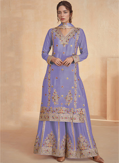 Heavy Chinon Lavender Eid Wear Embroidery Work Pakistani Suit 387294