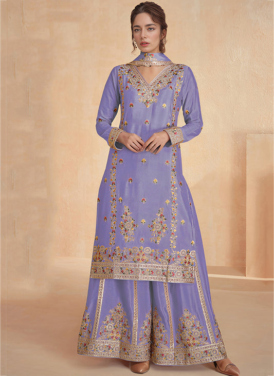 Heavy Chinon Lavender Eid Wear Embroidery Work Pakistani Suit 387294
