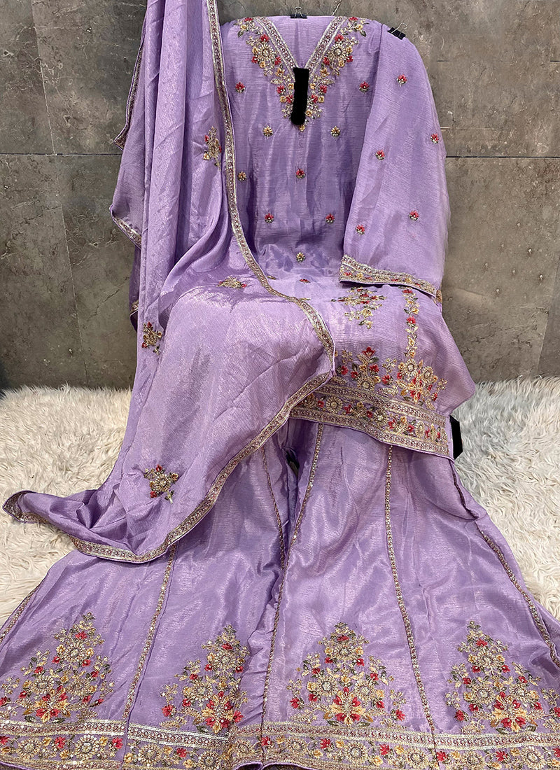 Heavy Chinon Lavender Eid Wear Embroidery Work Pakistani Suit 387294
