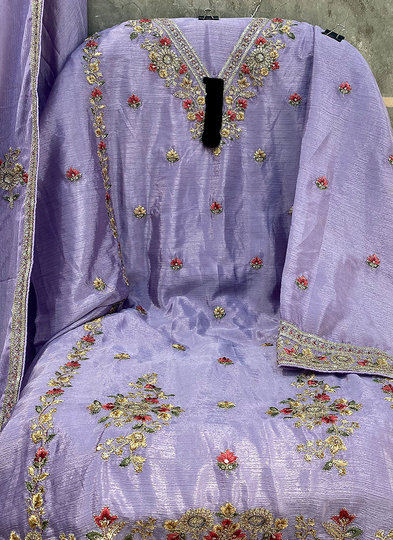 Heavy Chinon Lavender Eid Wear Embroidery Work Pakistani Suit 387294