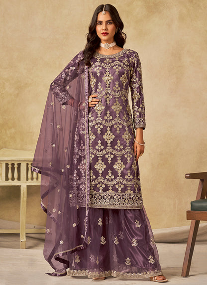Net Lavender Wedding Wear Embroidery Work Palazzo Suit 385171