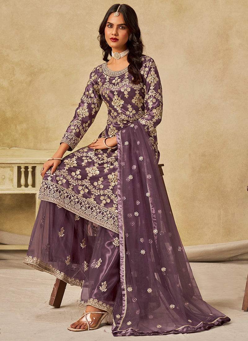 Net Lavender Wedding Wear Embroidery Work Palazzo Suit 385171