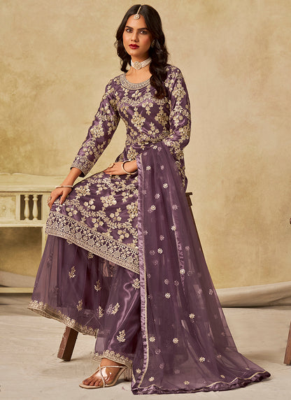 Net Lavender Wedding Wear Embroidery Work Palazzo Suit 385171