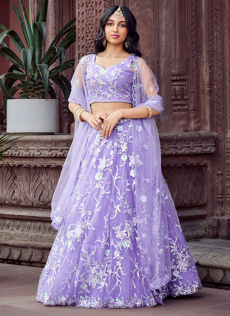 Net Lavender Designer Wear Sequins Work Lehenga Choli 387248