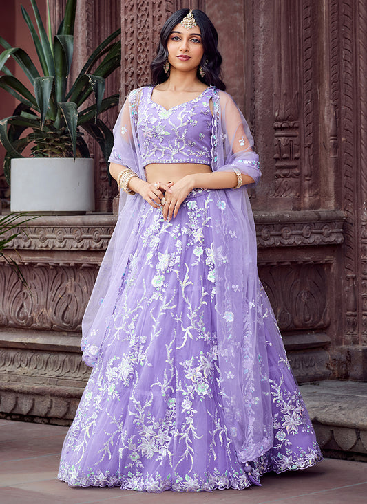 Net Lavender Designer Wear Sequins Work Lehenga Choli 387248