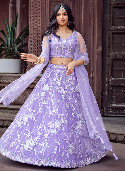 Net Lavender Designer Wear Sequins Work Lehenga Choli 387248
