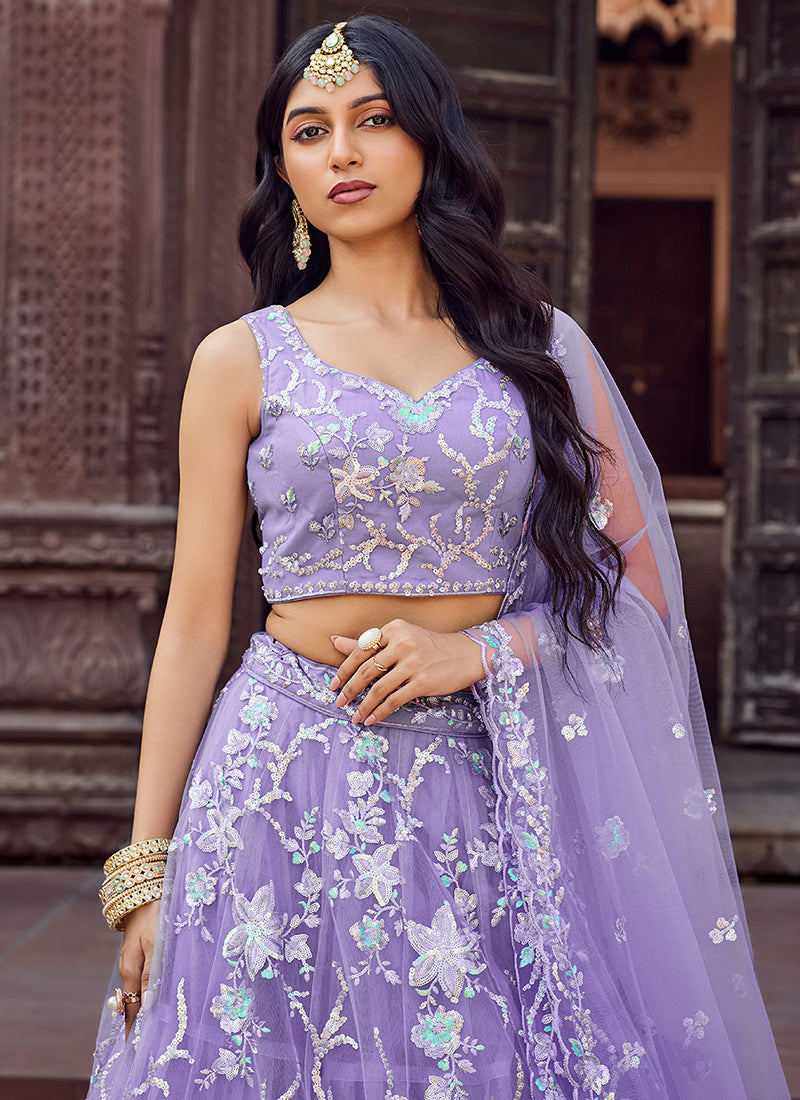 Net Lavender Designer Wear Sequins Work Lehenga Choli 387248