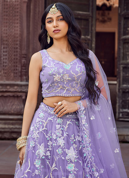 Net Lavender Designer Wear Sequins Work Lehenga Choli 387248