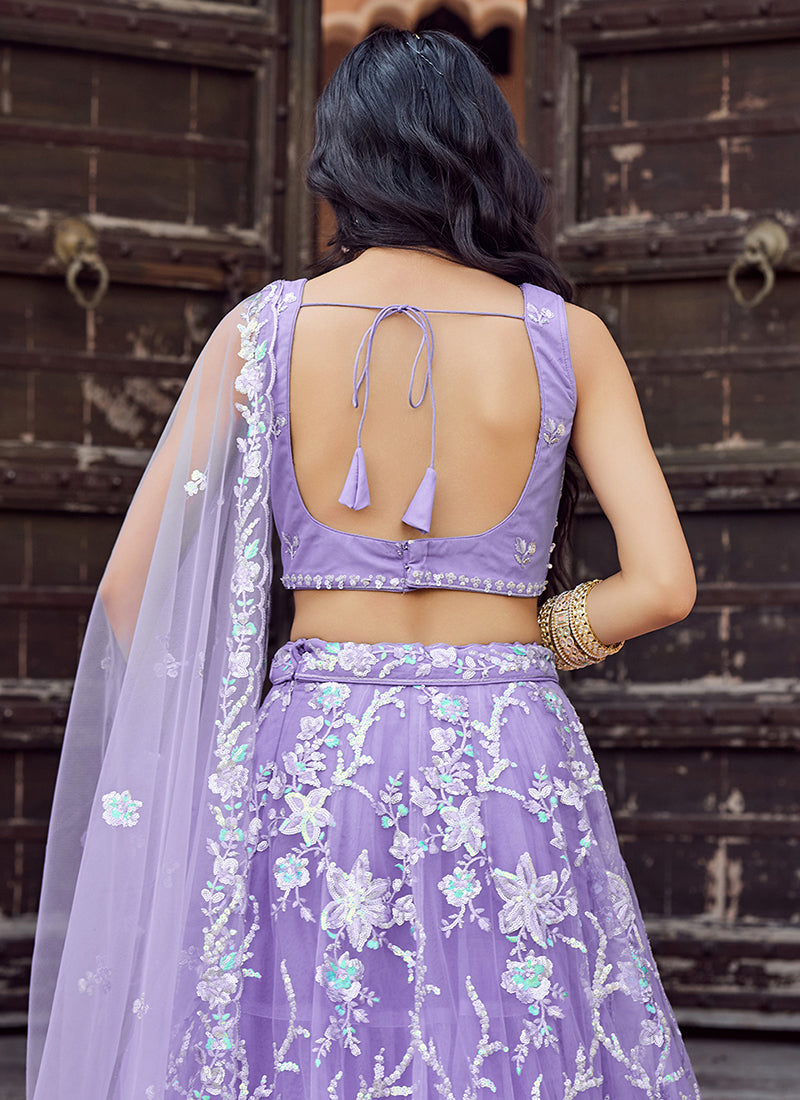 Net Lavender Designer Wear Sequins Work Lehenga Choli 387248