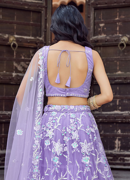 Net Lavender Designer Wear Sequins Work Lehenga Choli 387248