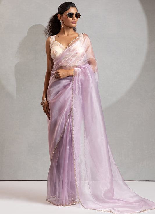 Organza Lavender Saree with Border Work for Designer Wear 380332
