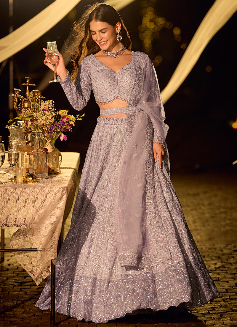 Pure Net Lavender Bridal Wear Heavy Work Readymade Bridal Lehenga Choli 388117