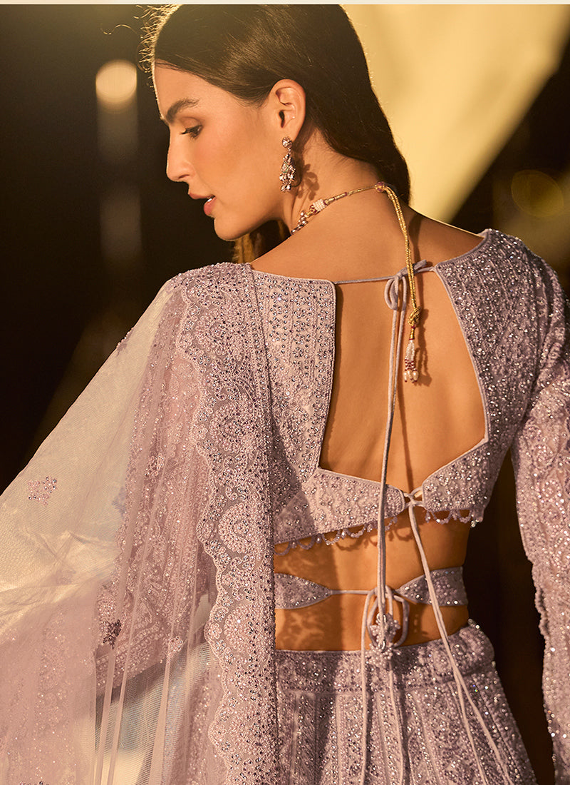 Pure Net Lavender Bridal Wear Heavy Work Readymade Bridal Lehenga Choli 388117