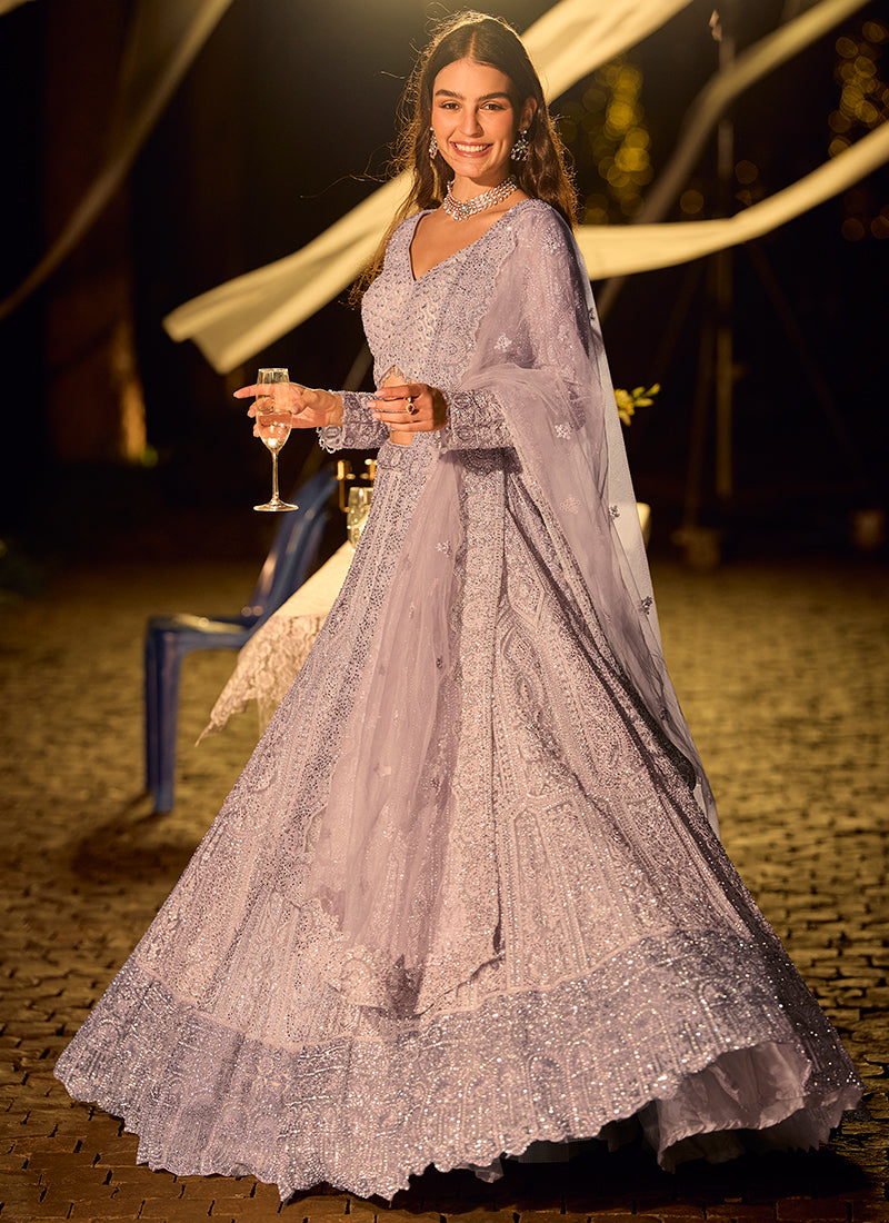 Pure Net Lavender Bridal Wear Heavy Work Readymade Bridal Lehenga Choli 388117