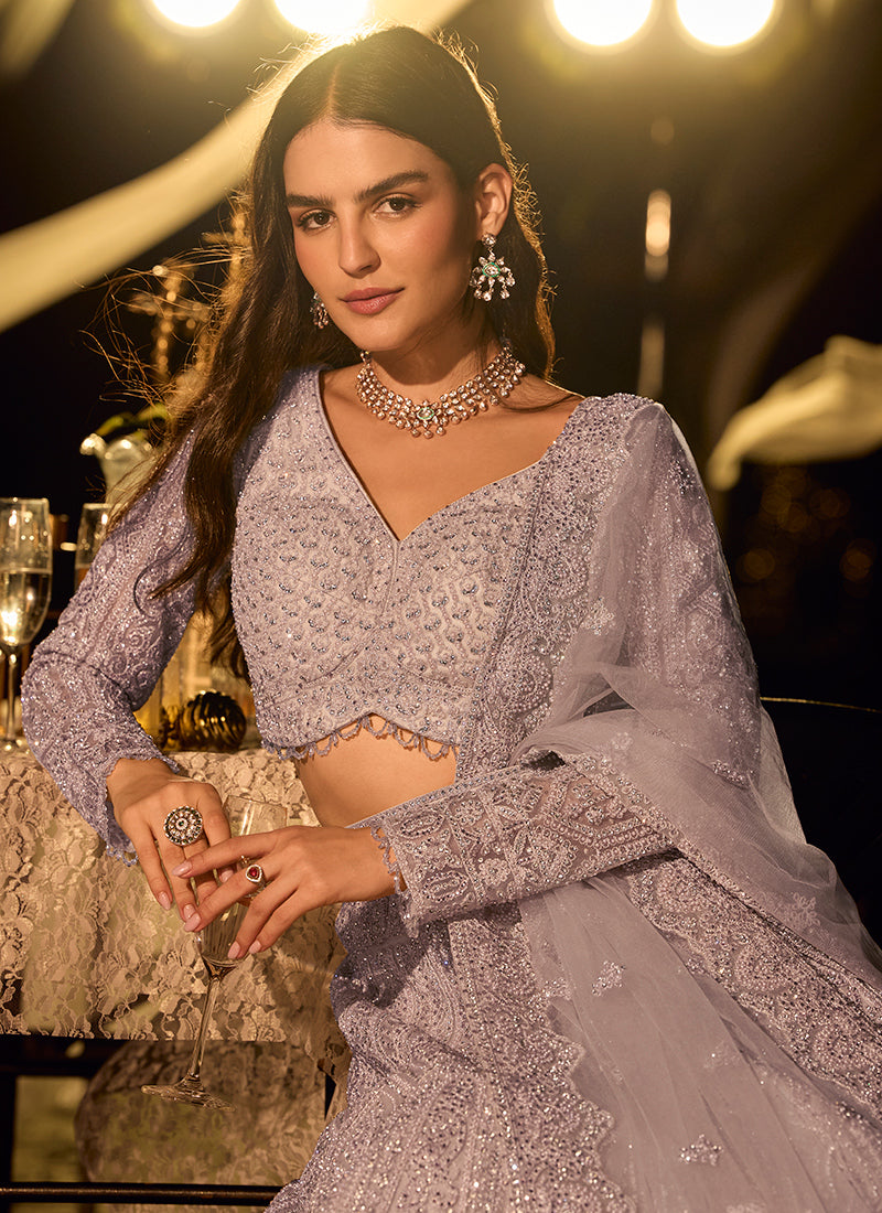 Pure Net Lavender Bridal Wear Heavy Work Readymade Bridal Lehenga Choli 388117
