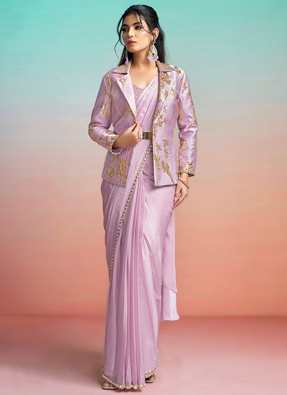 Lavender Satin Silk Embroidery Work Festival Wear Readymade Saree SW890518