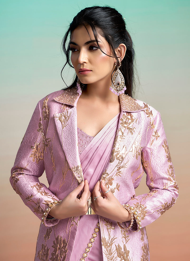Lavender Satin Silk Embroidery Work Festival Wear Readymade Saree SW890518
