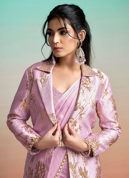 Lavender Satin Silk Embroidery Work Festival Wear Readymade Saree SW890518