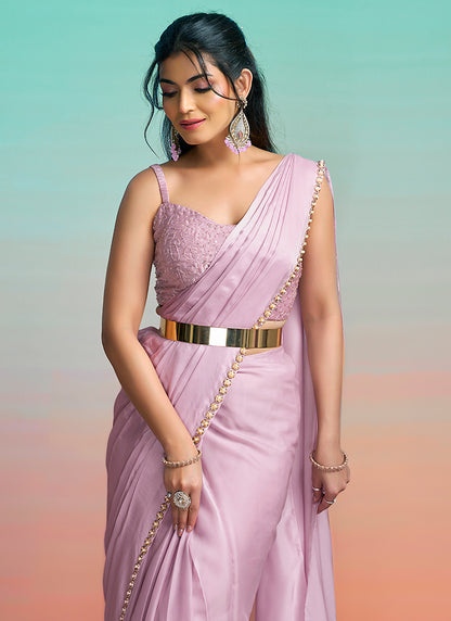 Lavender Satin Silk Embroidery Work Festival Wear Readymade Saree SW890518