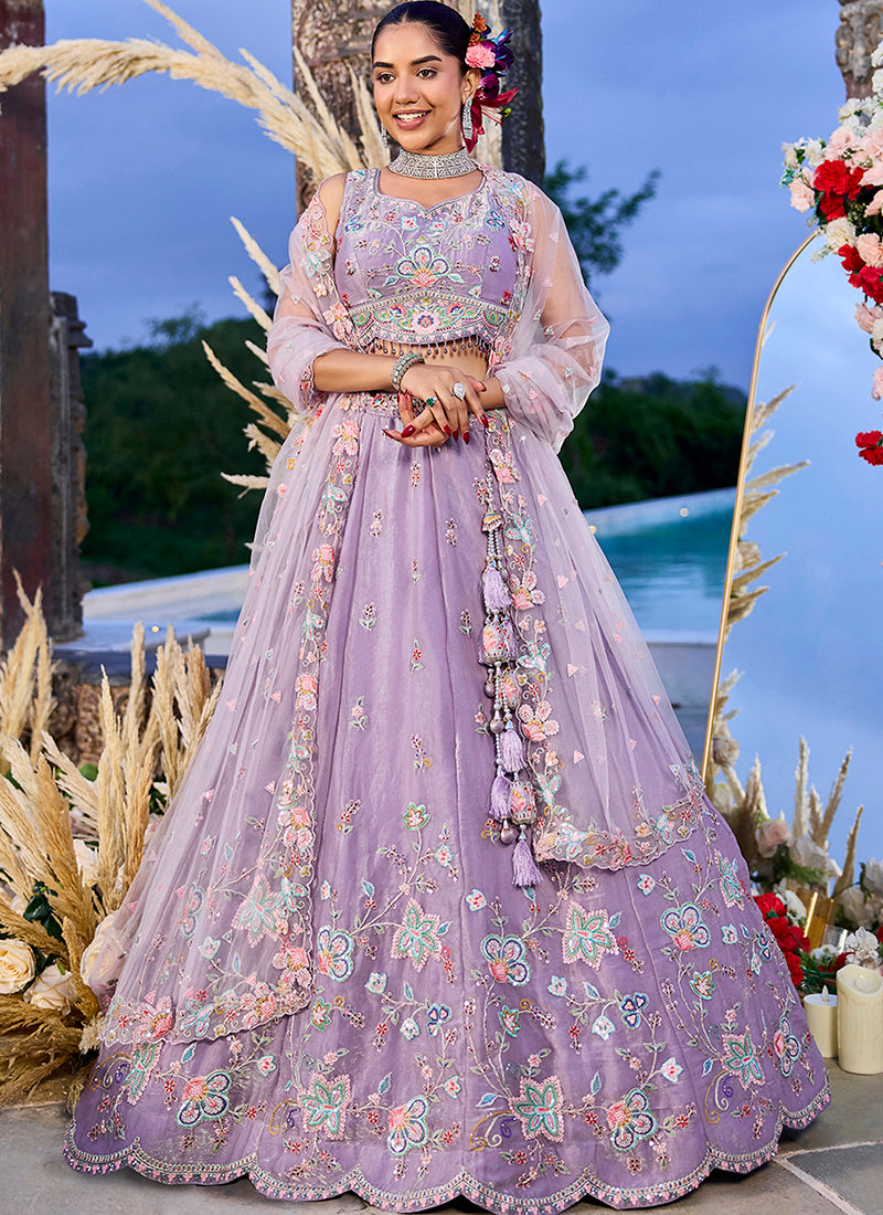 Lavender Satin Silk Embroidery Work Wedding Wear Readymade Lehenga Choli