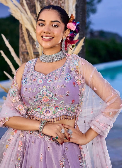 Lavender Satin Silk Embroidery Work Wedding Wear Readymade Lehenga Choli