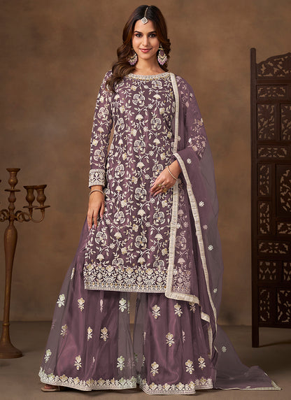 Lavender Satin With Net Embroidery Work Designer Wear Sharara Suit SW609529