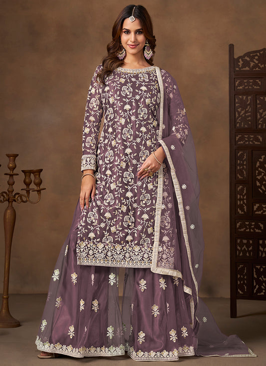 Lavender Satin With Net Embroidery Work Designer Wear Sharara Suit SW609529