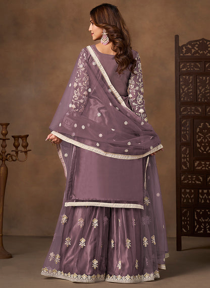 Lavender Satin With Net Embroidery Work Designer Wear Sharara Suit SW609529