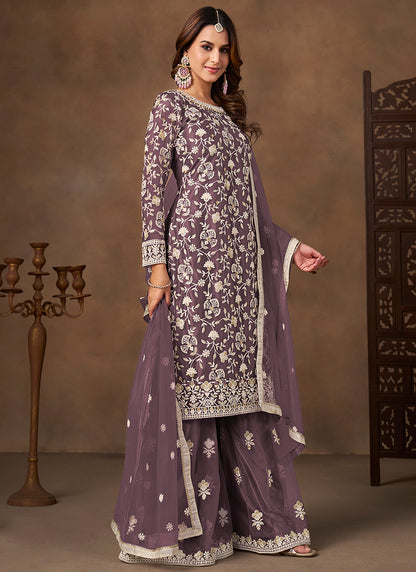 Lavender Satin With Net Embroidery Work Designer Wear Sharara Suit SW609529