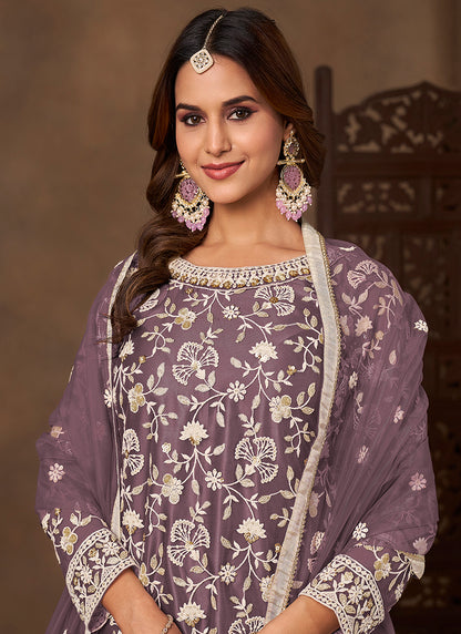 Lavender Satin With Net Embroidery Work Designer Wear Sharara Suit SW609529