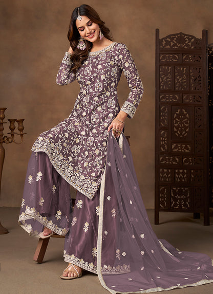 Lavender Satin With Net Embroidery Work Designer Wear Sharara Suit SW609529