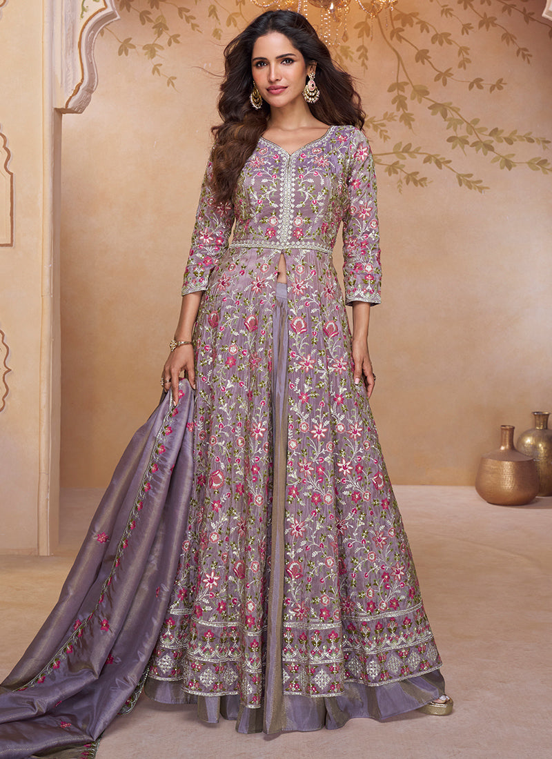 Shimmer Silk Lavender Wedding Wear Embroidery Work Readymade Anarkali Suit 384430