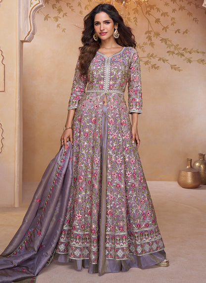 Shimmer Silk Lavender Wedding Wear Embroidery Work Readymade Anarkali Suit 384430