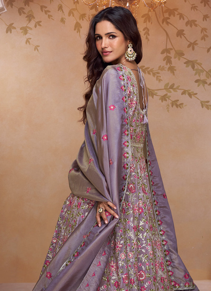 Shimmer Silk Lavender Wedding Wear Embroidery Work Readymade Anarkali Suit 384430