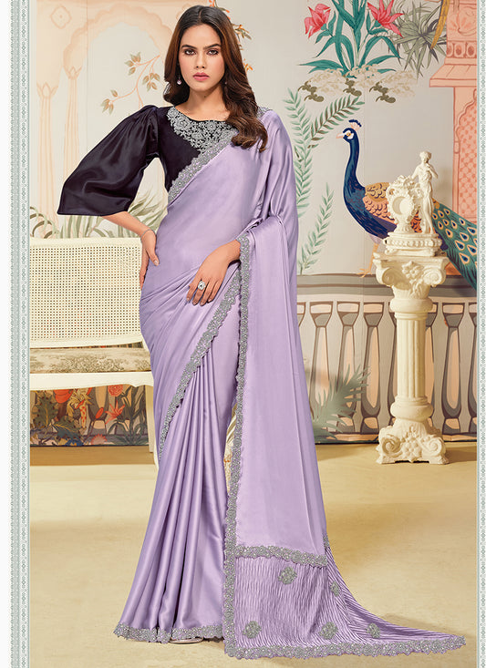 Silk Lavender Saree with Embroidery Work for Festival Wear 385038