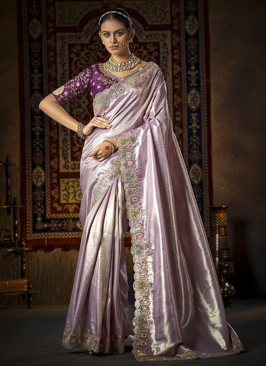 Silk Lavender Saree with Cut Work for Bridal Wear 381100