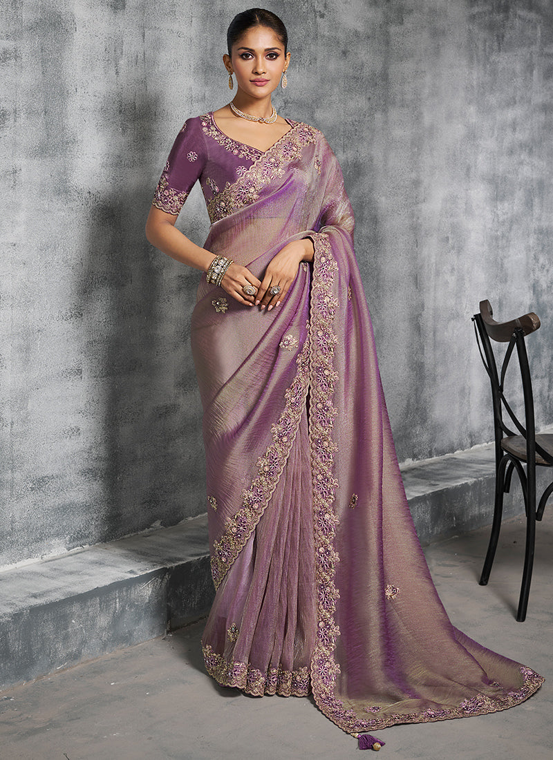 Silk Lavender Saree with Embroidery Work for Wedding Wear 385009
