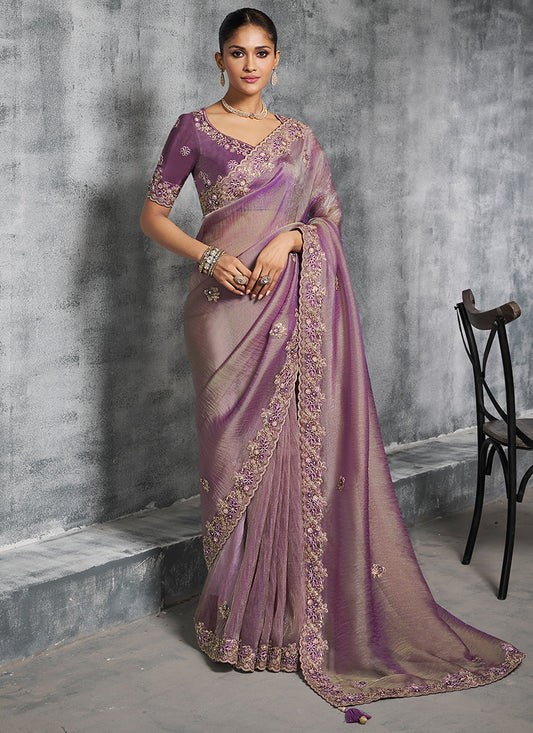 Silk Lavender Saree with Embroidery Work for Wedding Wear 385009