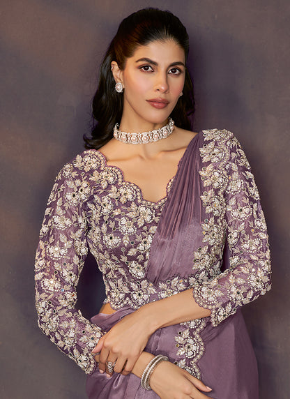 Soft Satin Silk Lavender Wedding Wear Sequins Embroidery Ready To Wear Saree 386144