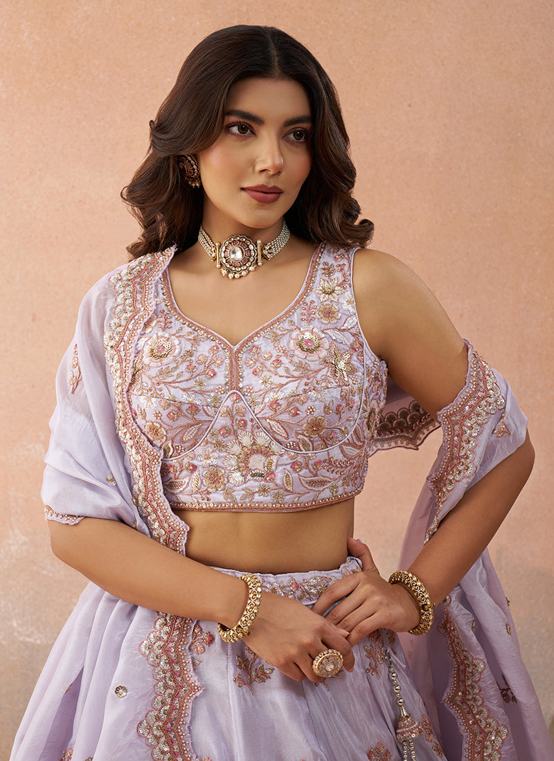 Lavender Tissue Embroidery Work Party Wear Lehenga Choli SW438114