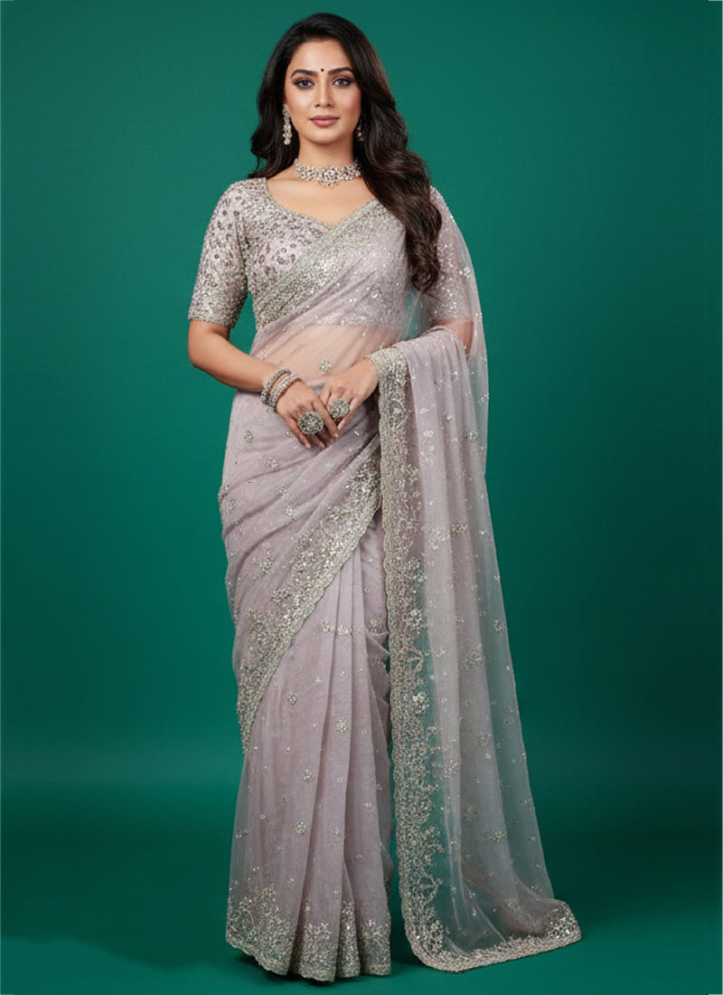 Tissue Silk Lavender Saree with Thread Embroidery Work for Wedding Wear 384480