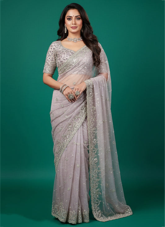 Tissue Silk Lavender Saree with Thread Embroidery Work for Wedding Wear 384480