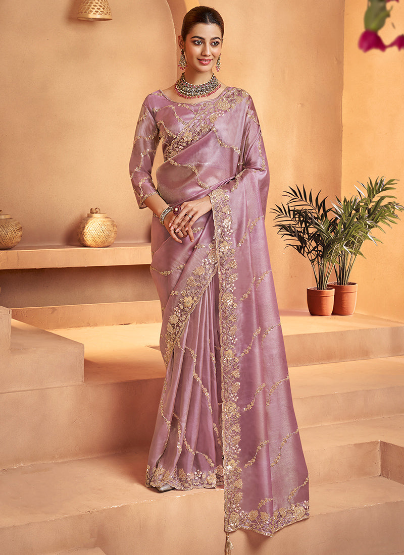 Tissue Lavender Saree with Sequin Work for Wedding Wear 381703