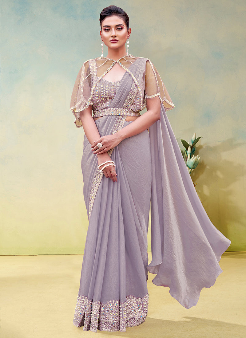 Lavender Two Tone Satin Silk Sequin Work Party Wear Ready To Wear Saree SW316307