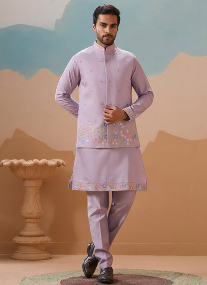 Viscose Silk Lavender Festival Wear Embroidery Work Readymade Modi Jacket Kurta Pajama 385584