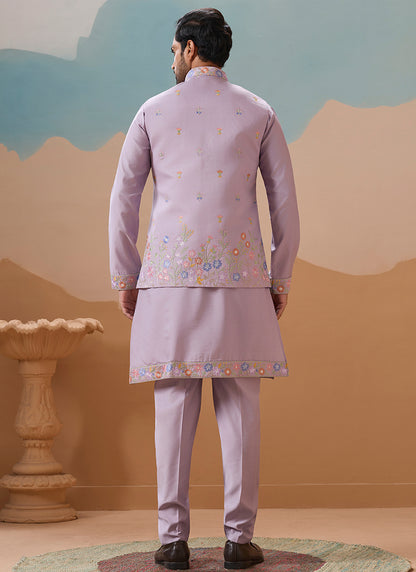 Viscose Silk Lavender Festival Wear Embroidery Work Readymade Modi Jacket Kurta Pajama 385584