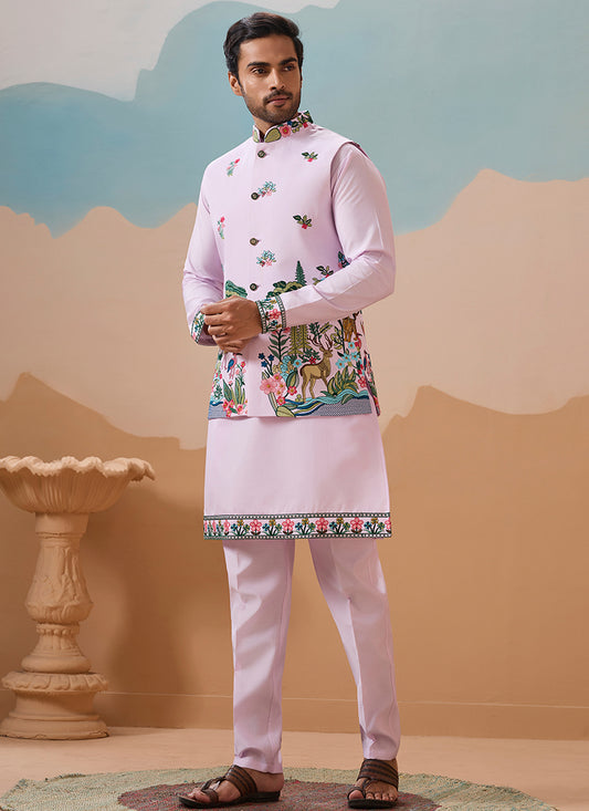 Viscose Silk Lavender Festival Wear Sequins Embroidery Work Readymade Modi Jacket Kurta Pajama 388285