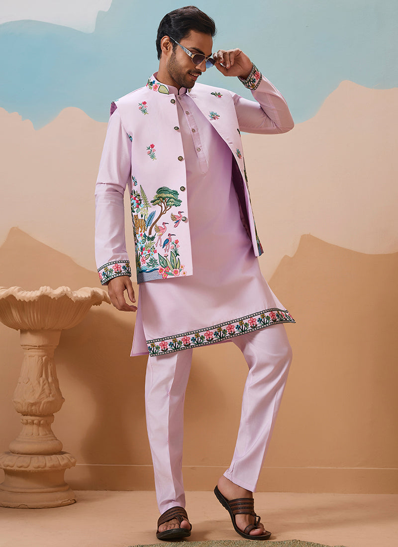 Viscose Silk Lavender Festival Wear Sequins Embroidery Work Readymade Modi Jacket Kurta Pajama 388285